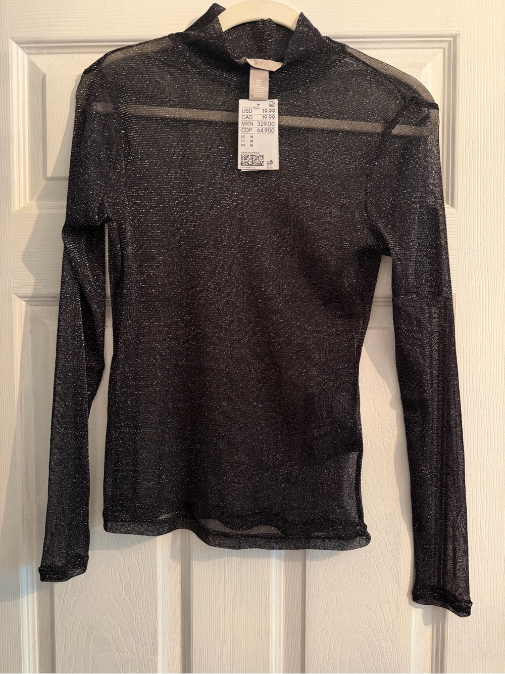 H & M NWT Metallic Sheer Long-Sleeve Top - Black Sparkle Medium